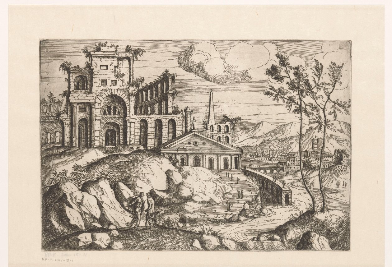 Paysage avec ruines et architecture fantastique au bord de l
