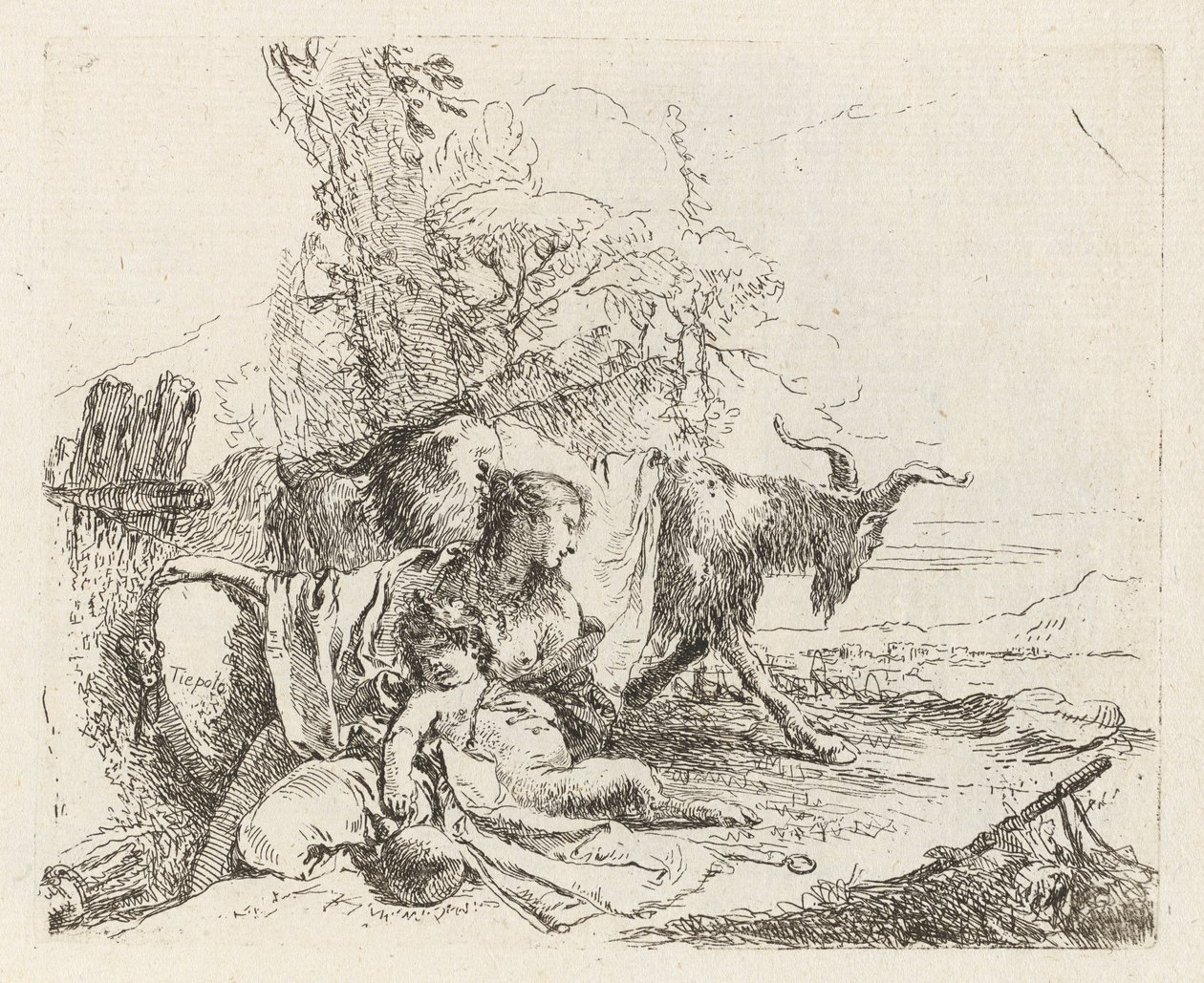 Une nymphe avec un petit satyre et deux chèvres, de Vari capricci (Divers Caprices) - Giovanni Battista Tiepolo
