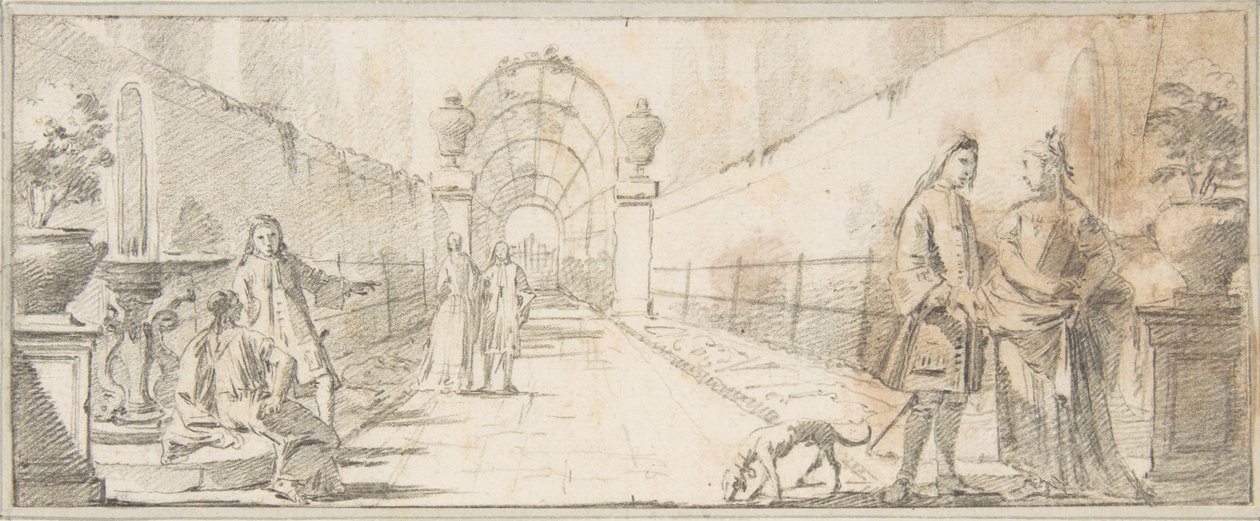 Illustration pour un livre : Personnages en conversation dans un jardin - Giovanni Battista Tiepolo