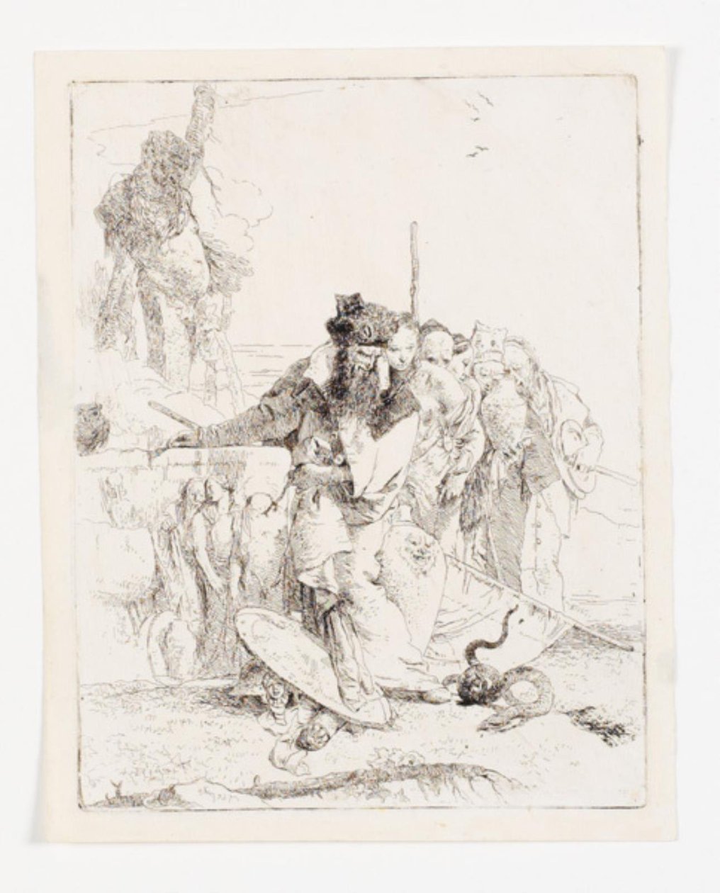 Six personnes regardant un serpent. Feuille de la série Scherzi di fantasia. - Giovanni Battista Tiepolo