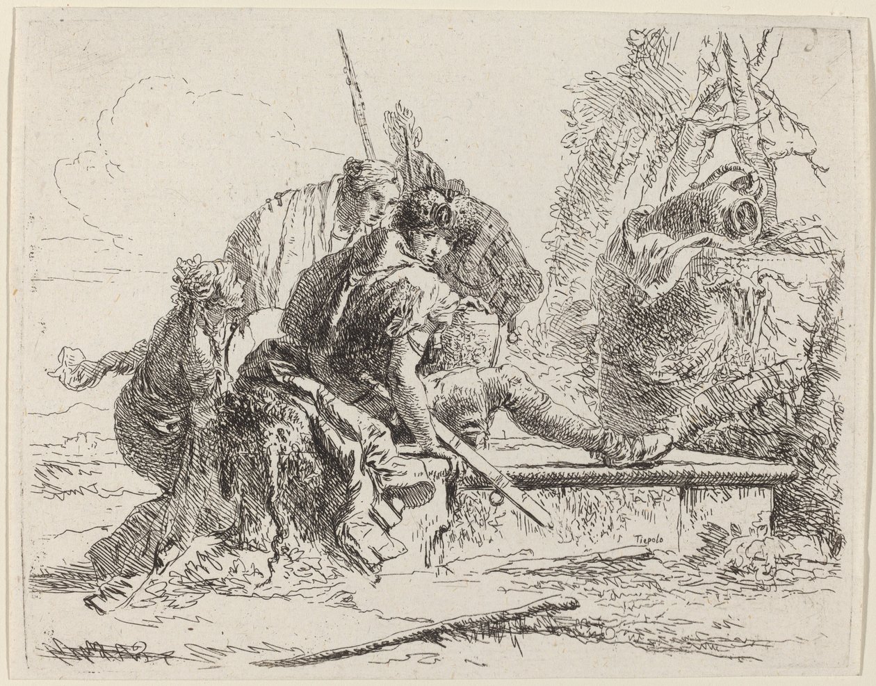 Soldat assis sur une tombe avec des figures environnantes - Giovanni Battista Tiepolo