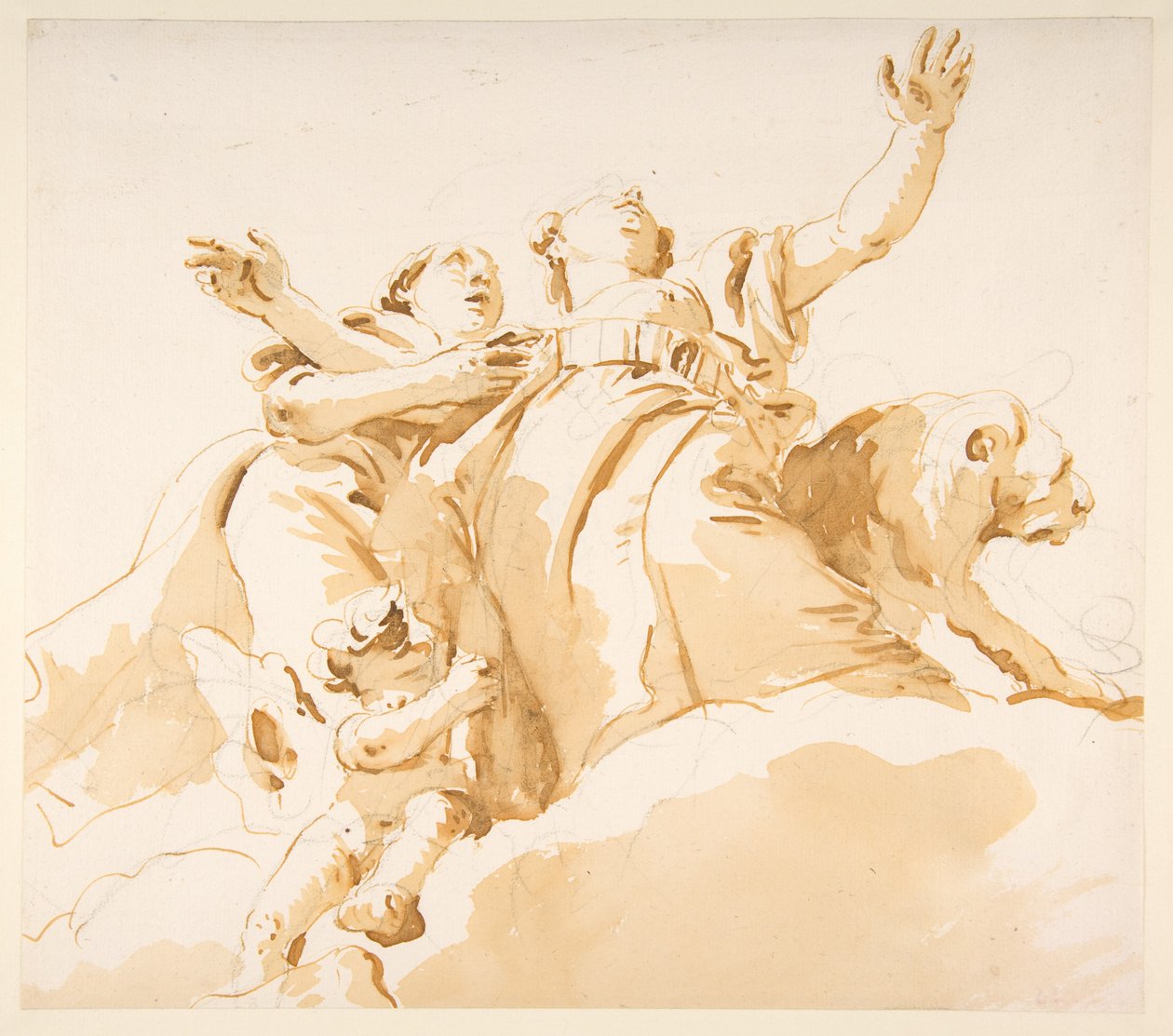 Zwei Frauen, ein Löwe und ein Putto auf Wolken - Giovanni Battista Tiepolo