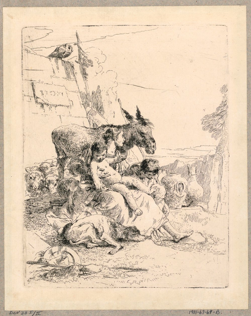 Femme avec deux enfants et un âne, planche 21 des Scherzi di Fantasia - Giovanni Battista Tiepolo