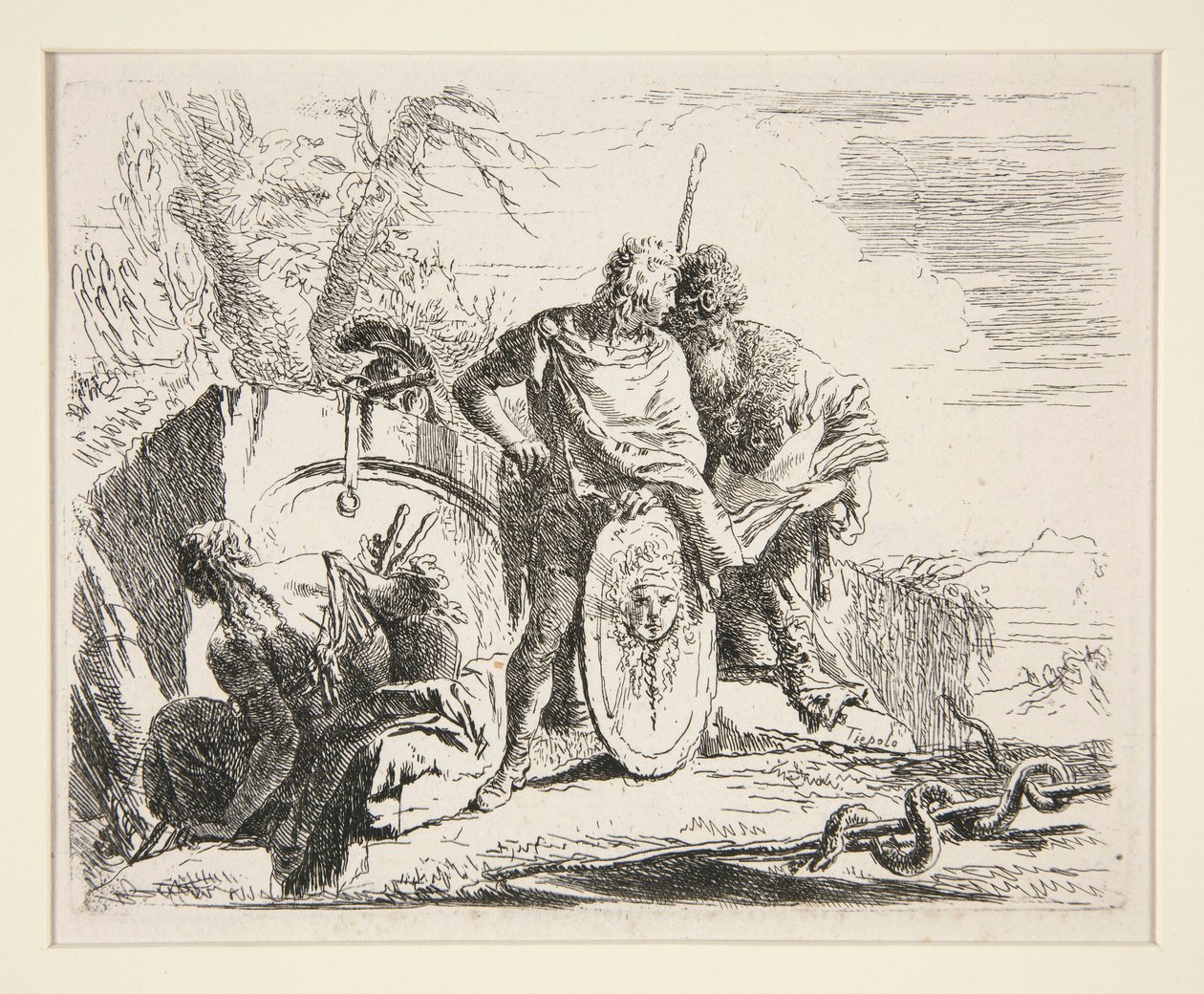 Jeune soldat avec philosophe et femme assise, de la série Vari Capricci - Giovanni Battista Tiepolo