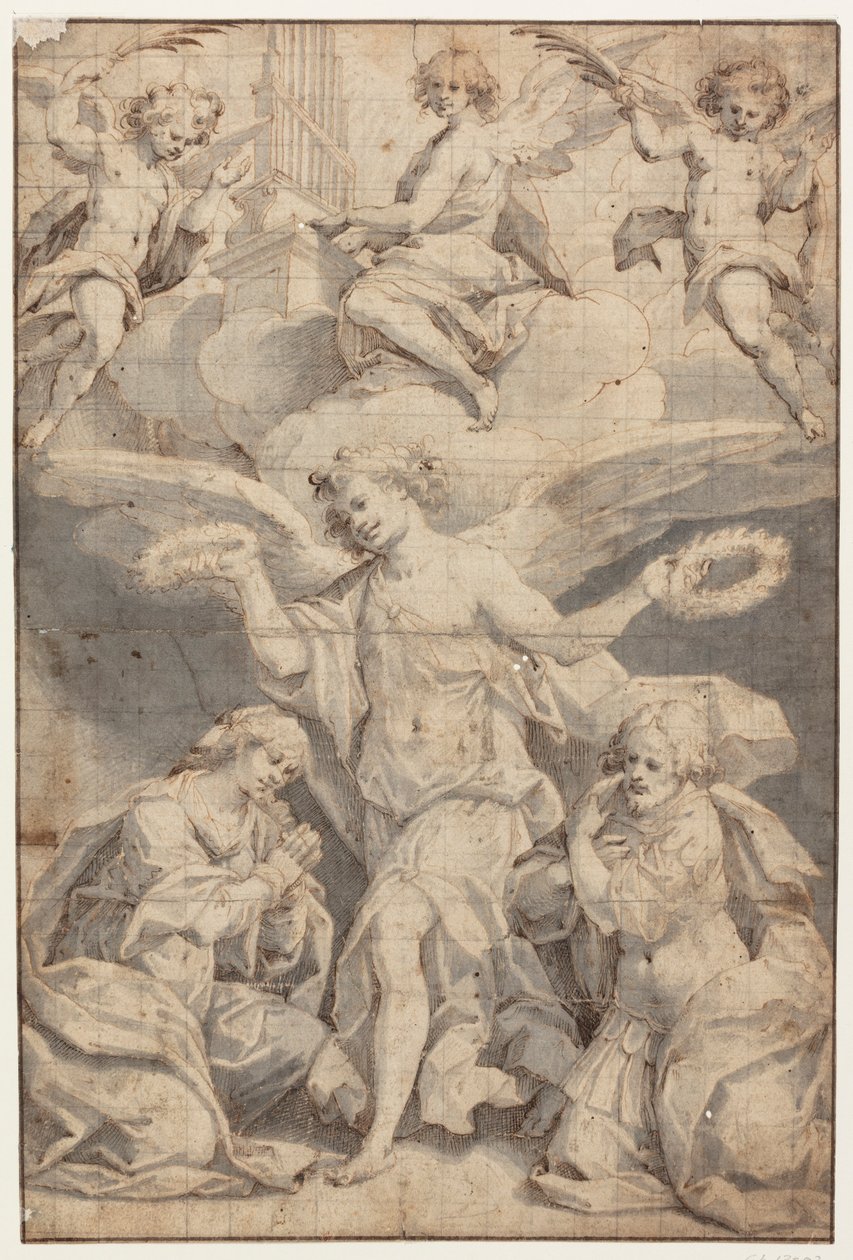 Un ange couronne une femme agenouillée et un soldat agenouillé, tandis que deux anges dans les nuages volent avec des branches de palmier et un troisième joue de l