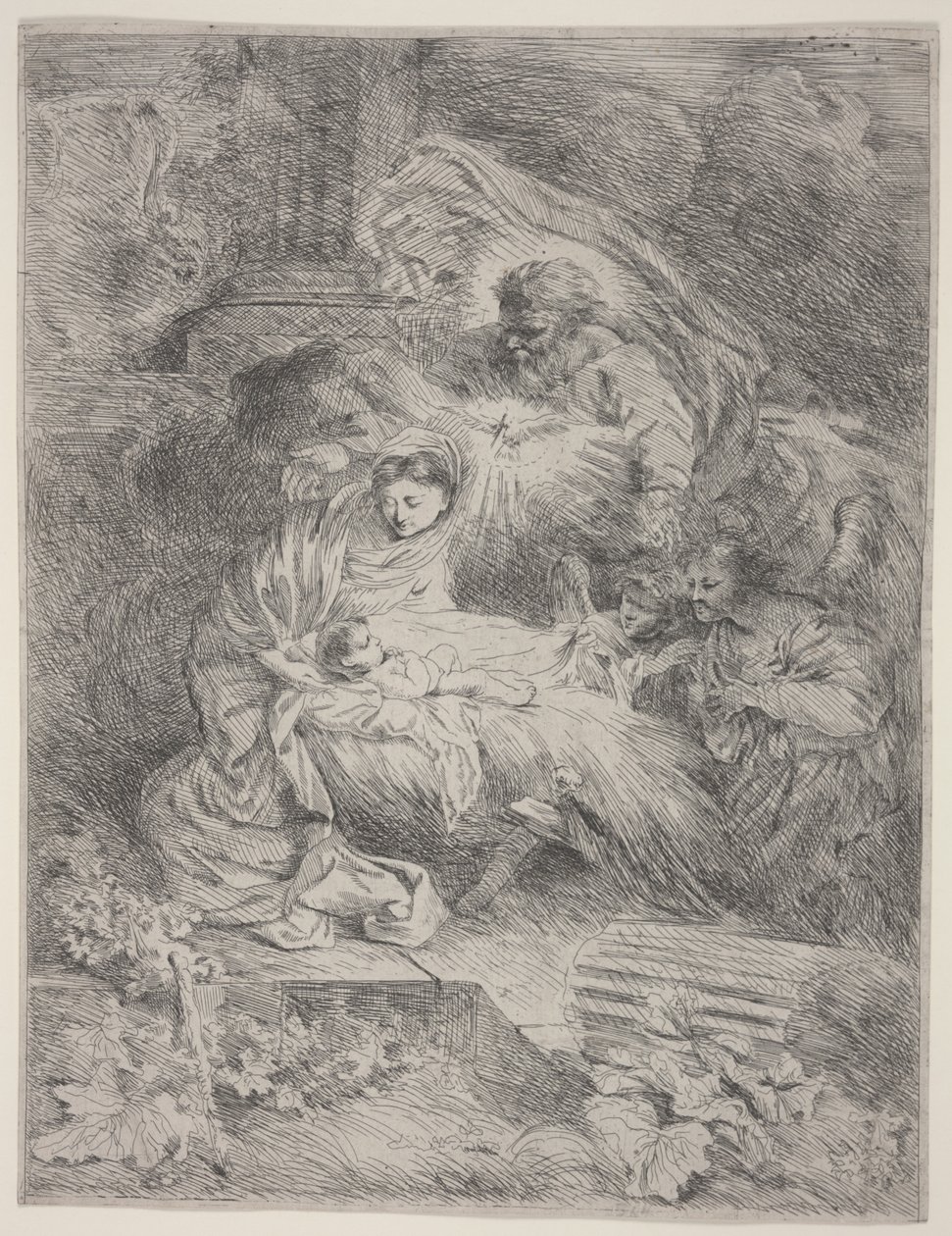 La Nativité avec Dieu le Père, la Colombe du Saint-Esprit et les Anges (eau-forte) - Giovanni Benedetto Castiglione