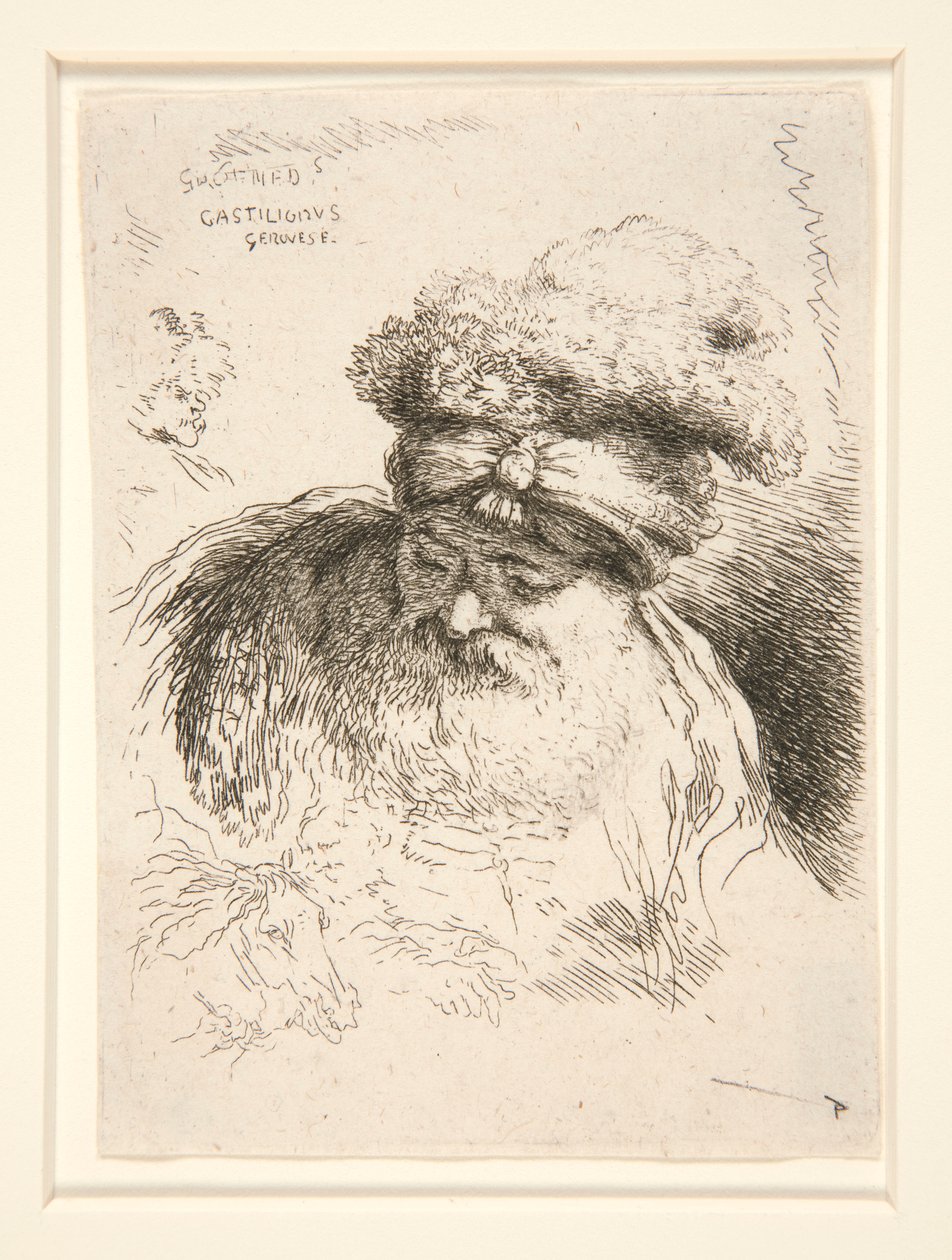 Un vieil homme avec une grande barbe, vu de face, la tête et les yeux baissés, de la série Les petites têtes d - Giovanni Benedetto Castiglione