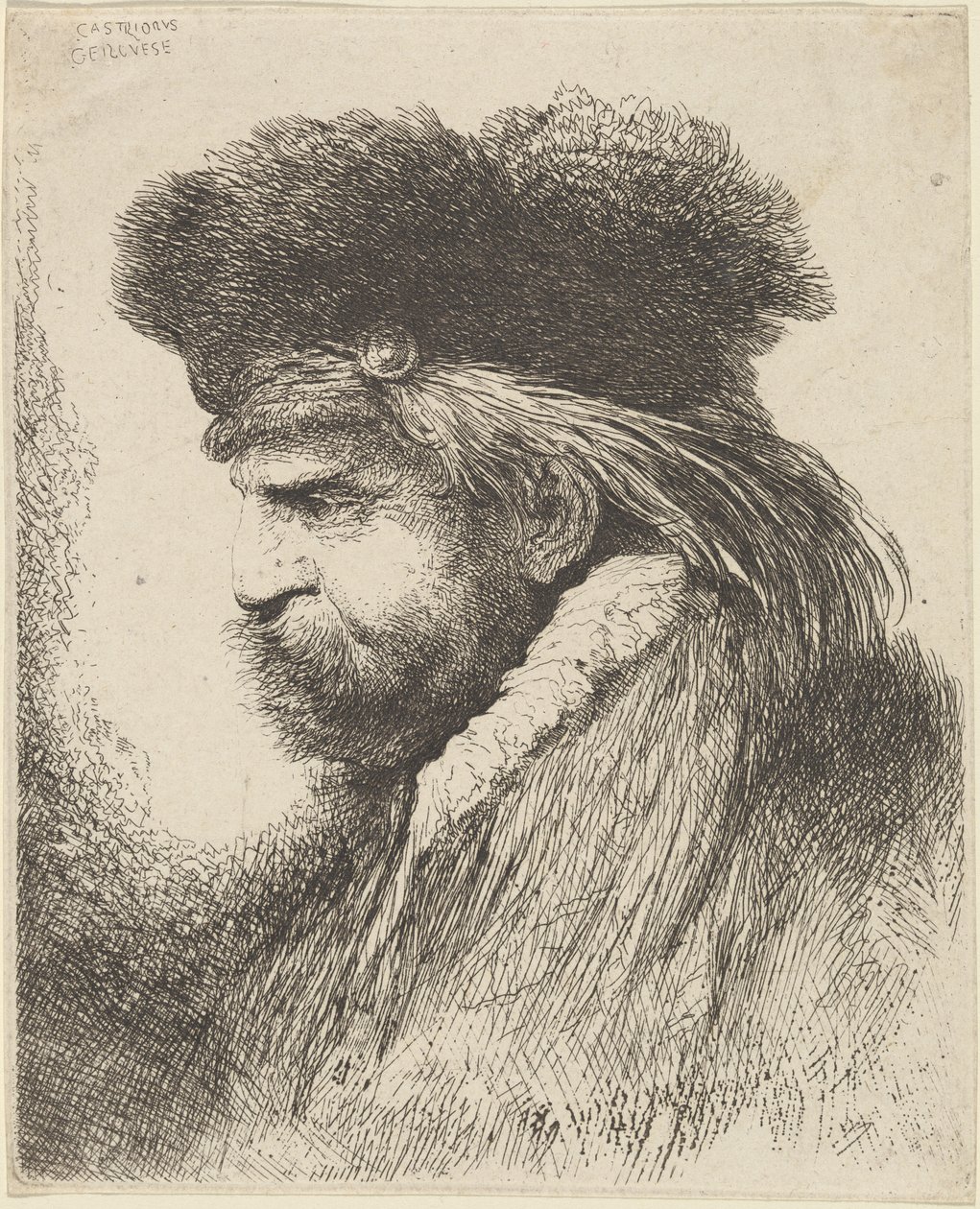 Homme barbu avec un bonnet de fourrure, face à gauche - Giovanni Benedetto Castiglione