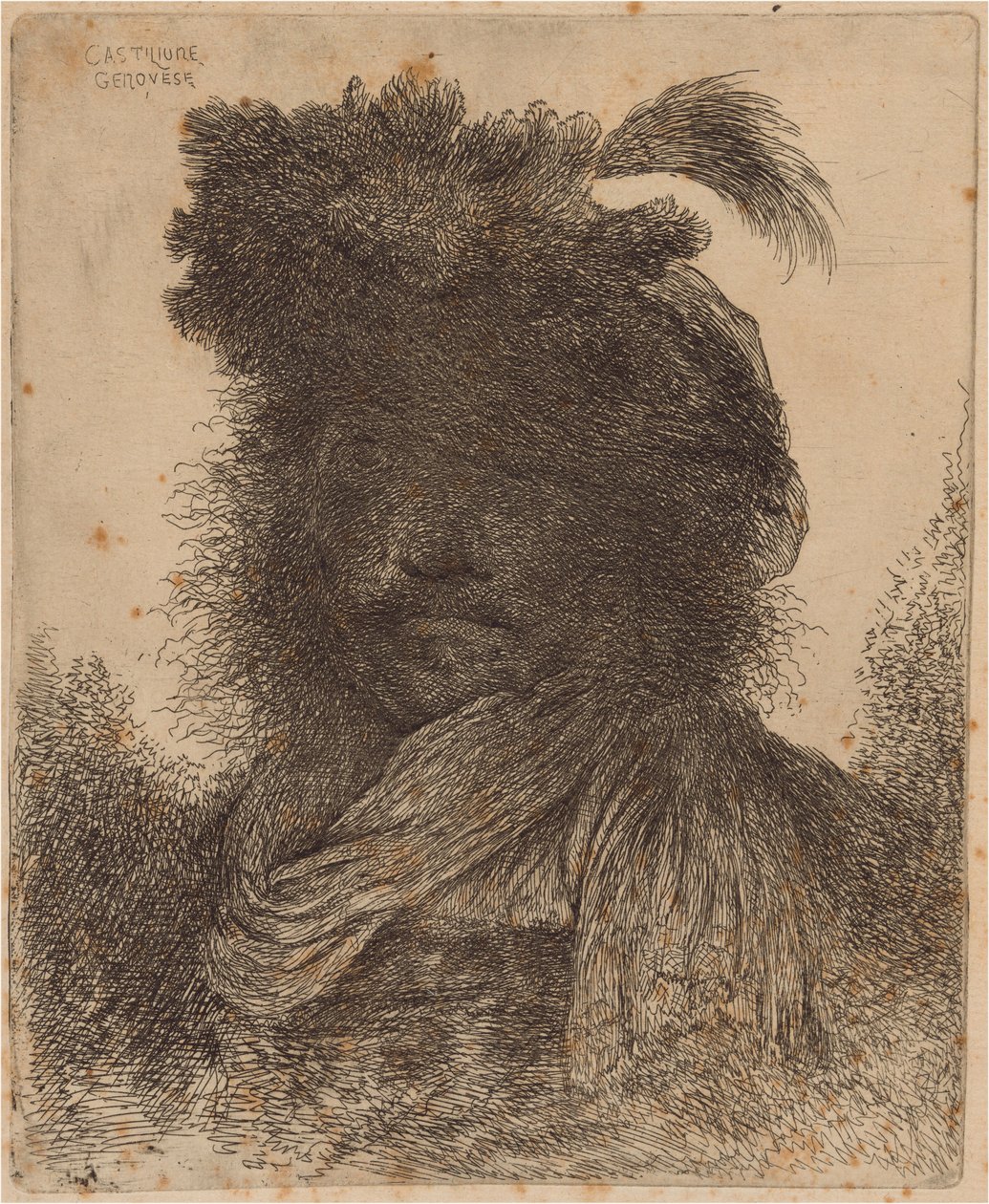 Homme barbu au visage ombragé, portant une écharpe et un chapeau à plumes - Giovanni Benedetto Castiglione