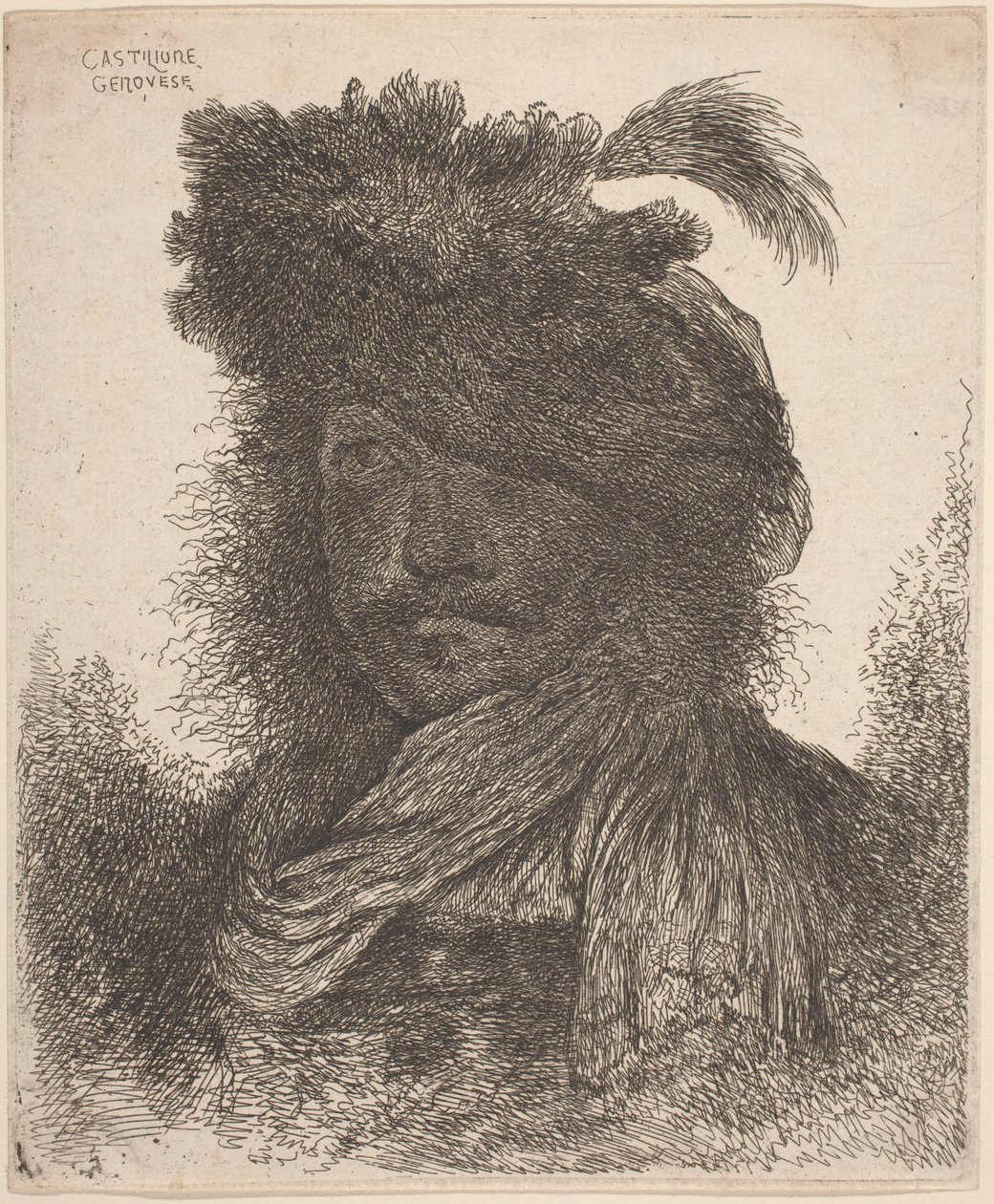 Homme Barbu au Visage Ombragé, Portant une Écharpe et un Chapeau à Plumes - Giovanni Benedetto Castiglione