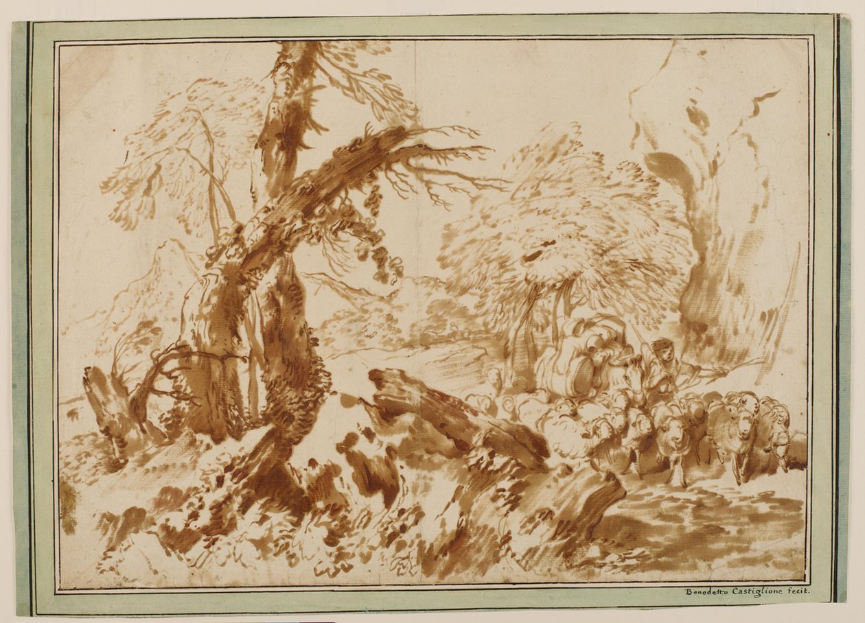 Paysage avec un troupeau de moutons, conduit par un berger qui mène un mulet chargé - Giovanni Benedetto Castiglione