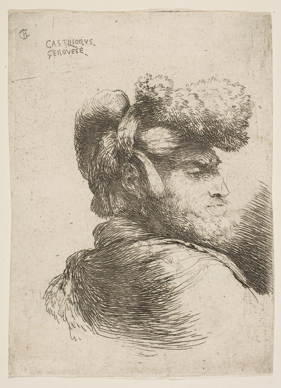 Homme de profil tourné à droite, portant un chapeau de fourrure, de la série des petites têtes, vers 1645-1650 - Giovanni Benedetto Castiglione