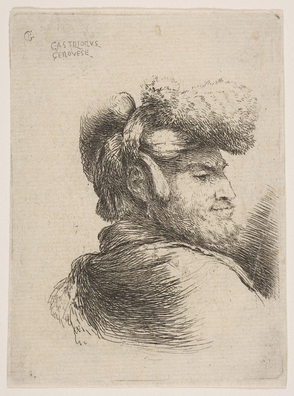 Homme de profil tourné vers la droite, portant un chapeau de fourrure, de la série des petites têtes en Orient..., vers 1645-50 - Giovanni Benedetto Castiglione