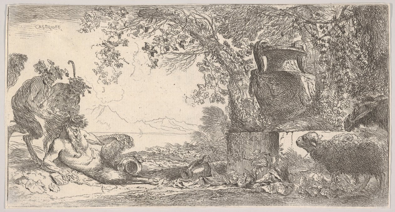 Pan allongé à gauche avec deux satyres debout, un grand vase sur un piédestal à droite, vers 1645 - Giovanni Benedetto Castiglione