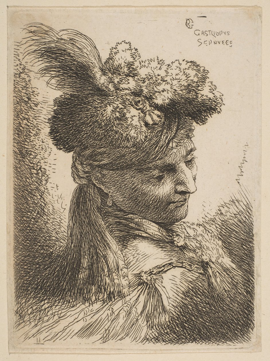 Jeune homme de trois quarts à droite portant un chapeau de fourrure avec une plume, un bijou - Giovanni Benedetto Castiglione