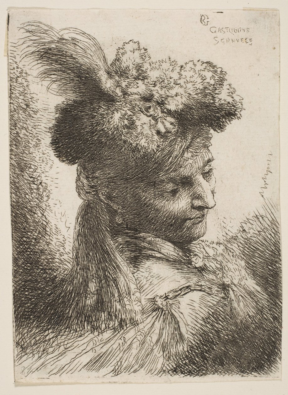 Jeune homme de trois quarts à droite portant une coiffe en fourrure avec une plume, bijou... - Giovanni Benedetto Castiglione
