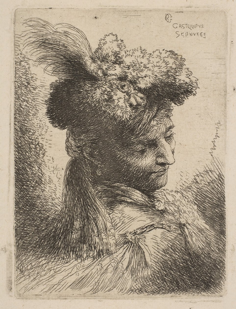 Jeune homme de trois quarts à droite portant une coiffe en fourrure avec une plume, bijou, vers 1645-50 - Giovanni Benedetto Castiglione