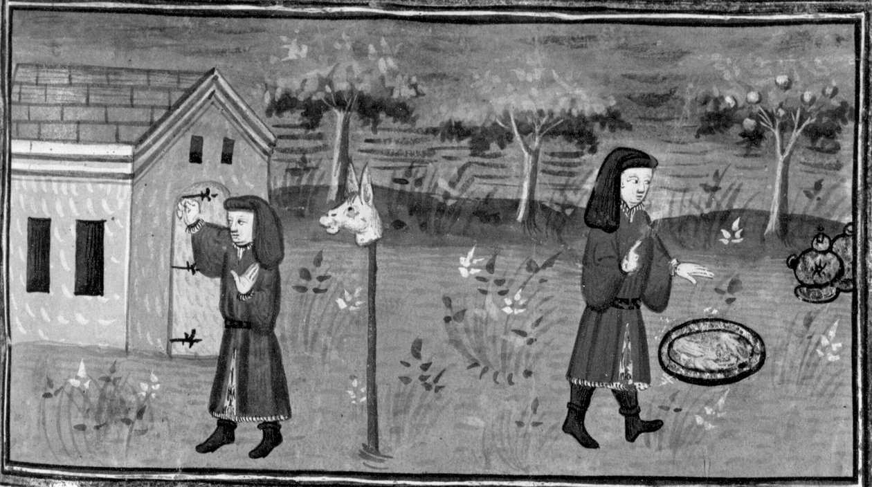 Décaméron,Fédéric frappe à la porte de madame Tessa ; l’homme trouve de la nourriture et du vin sous un pêcher . Septième journée, nouvelle 1 - Giovanni Boccaccio