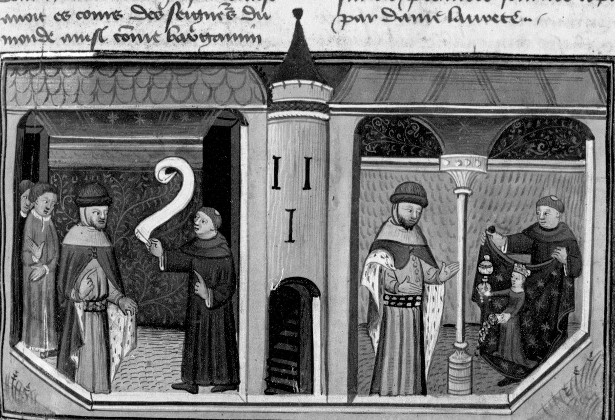 Décaméron, Ermino Grimaldi interroge Guillaume Borsiere; Guillaume lui montre l’image de la Courtoisie. Première journée, nouvelle 8. - Giovanni Boccaccio