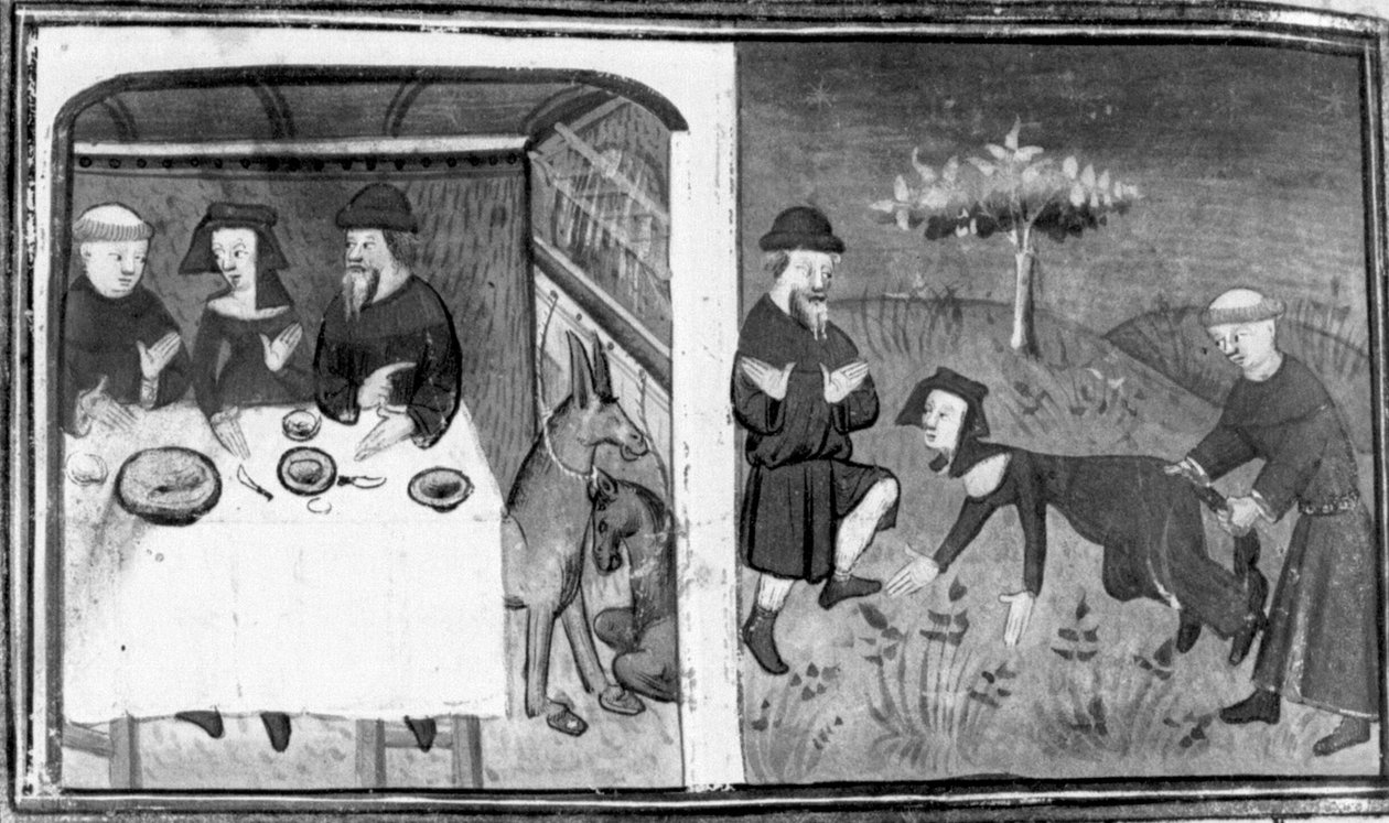Décaméron, Gianni di Barolo est assis à la table avec Pietro da Tresanti et sa femme ; Gianni tente d’attacher la queue à la femme. Neuvième journée, nouvelle 10 - Giovanni Boccaccio
