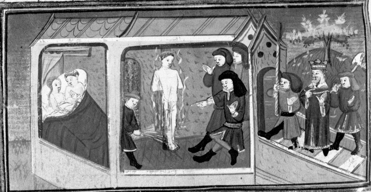 Décaméron, Gianni di Procida et Restituta sont découverts par le roi Frédéric ; Gianni di Procida est condamné au bûcher. Cinquième journée, nouvelle 6 - Giovanni Boccaccio