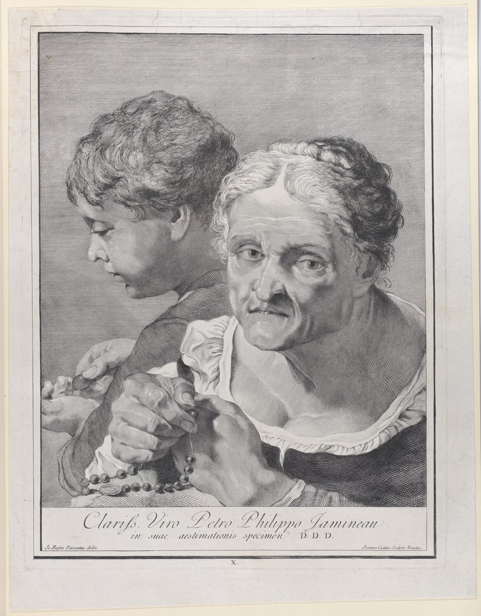 Vieille femme avec un chapelet et un garçon comptant des pièces, 1743 - Giovanni Cattini