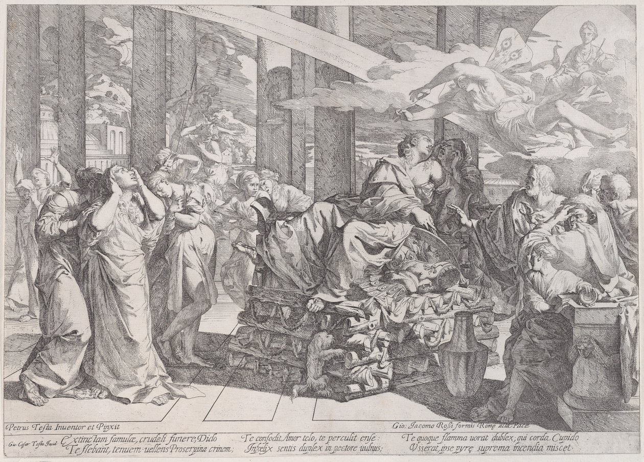 Le suicide de Didon qui repose sur un bûcher au centre, entourée de nombreuses figures, 1650-55 - Giovanni Cesare Testa