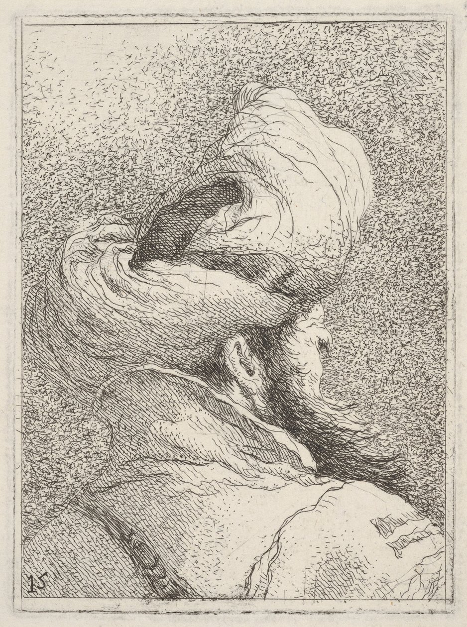 Homme barbu portant un turban, représenté en buste de dos, vu de trois quarts, de « Collection de têtes » (Raccolta di teste) - Giovanni Domenico Tiepolo