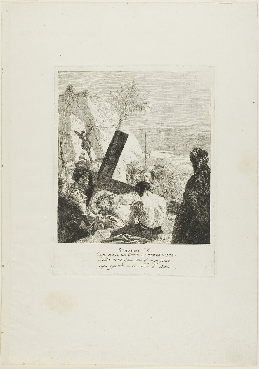 Le Christ tombe sous la croix pour la troisième fois, neuvième planche du chemin de croix. - Giovanni Domenico Tiepolo