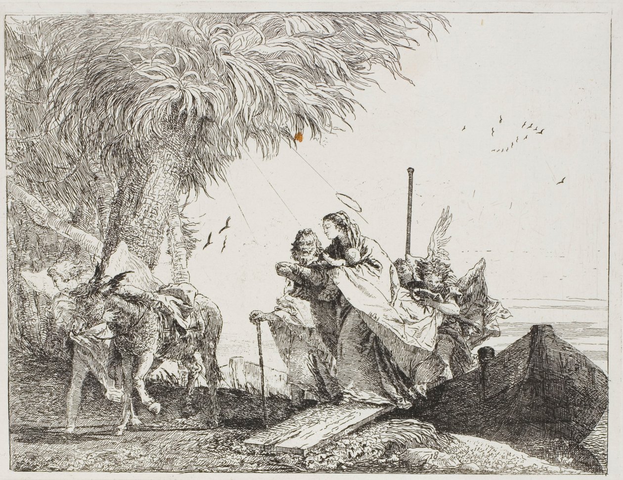 Marie, aidée par Joseph et un ange, descendant du bateau, planche dix-huit de La Fuite en Égypte - Giovanni Domenico Tiepolo