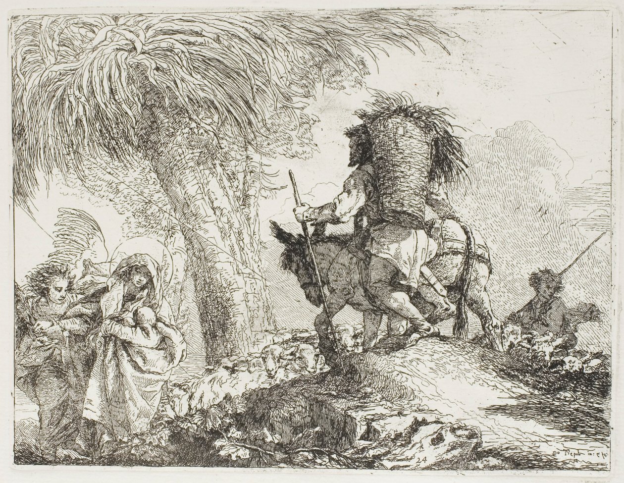 Marie, Aidée par un Ange, et Joseph Portant le Panier, Passant un Troupeau, planche 24 de La Fuite en Égypte - Giovanni Domenico Tiepolo