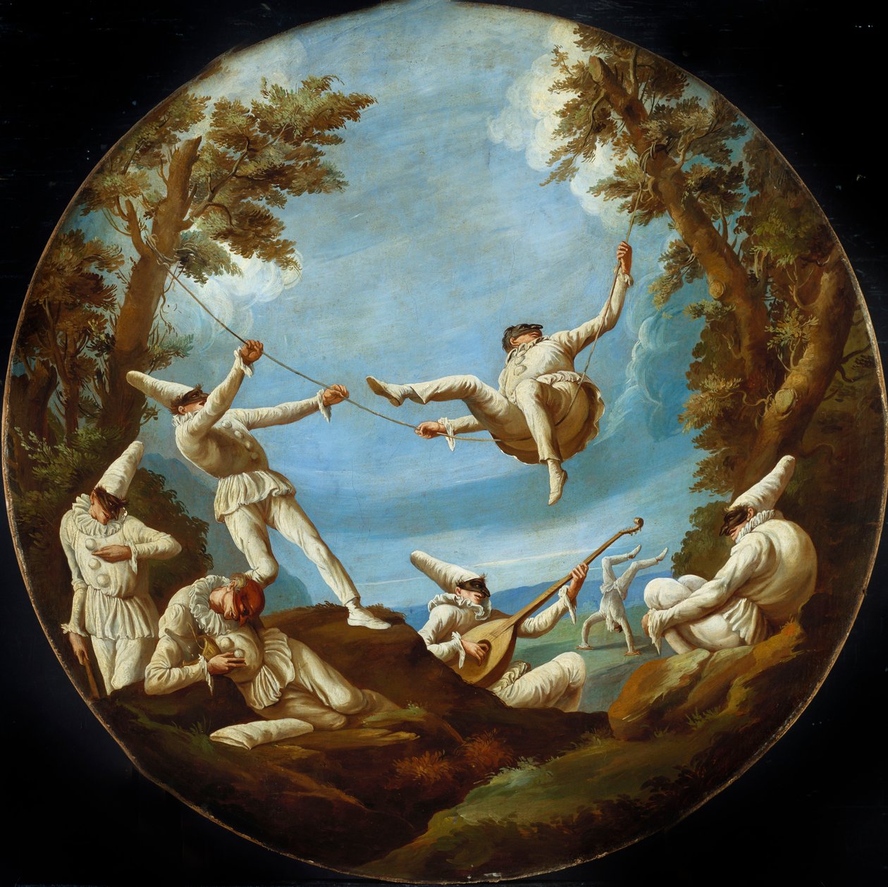Les Polichinelles sur des balançoires, faisant de la musique et des acrobaties dans un paysage - Giovanni Domenico Tiepolo