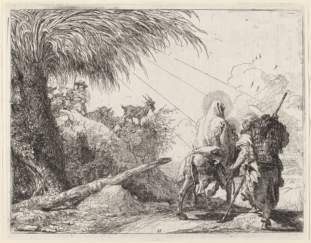 La fuite, Sainte Famille à droite, Joseph regardant à gauche - Giovanni Domenico Tiepolo