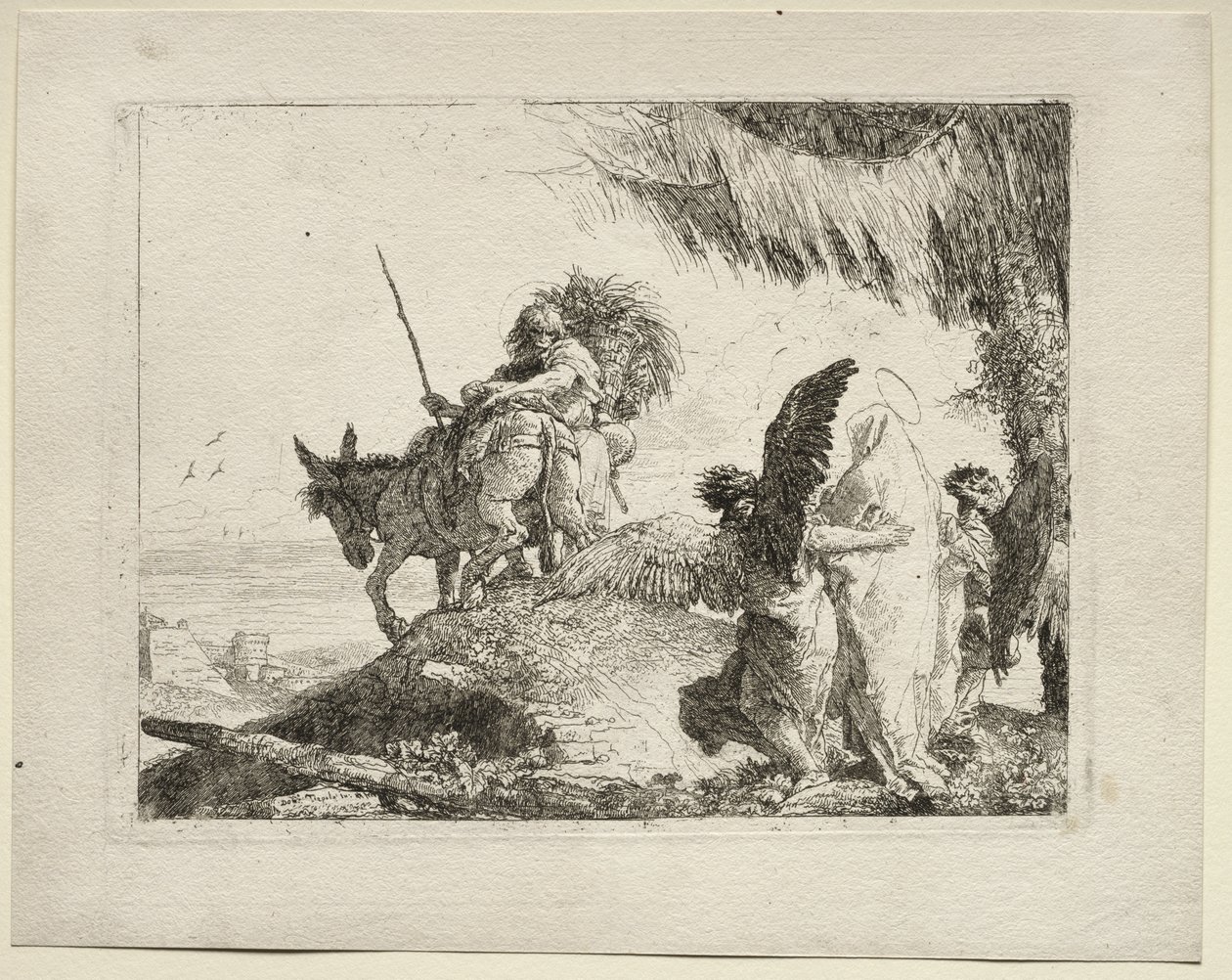 La fuite en Égypte : La fuite avec la Madone à droite soutenue par des anges - Giovanni Domenico Tiepolo