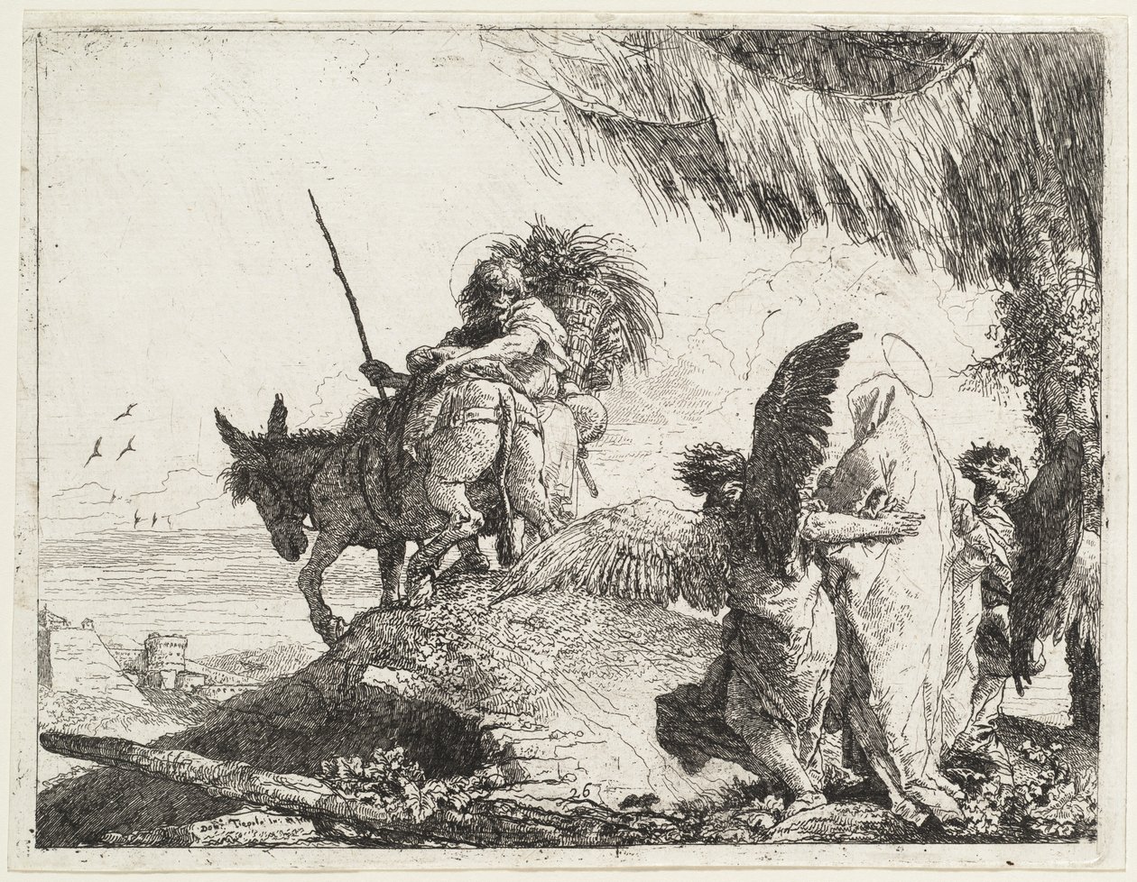 La fuite, avec la Madone à droite soutenue par des anges - Giovanni Domenico Tiepolo