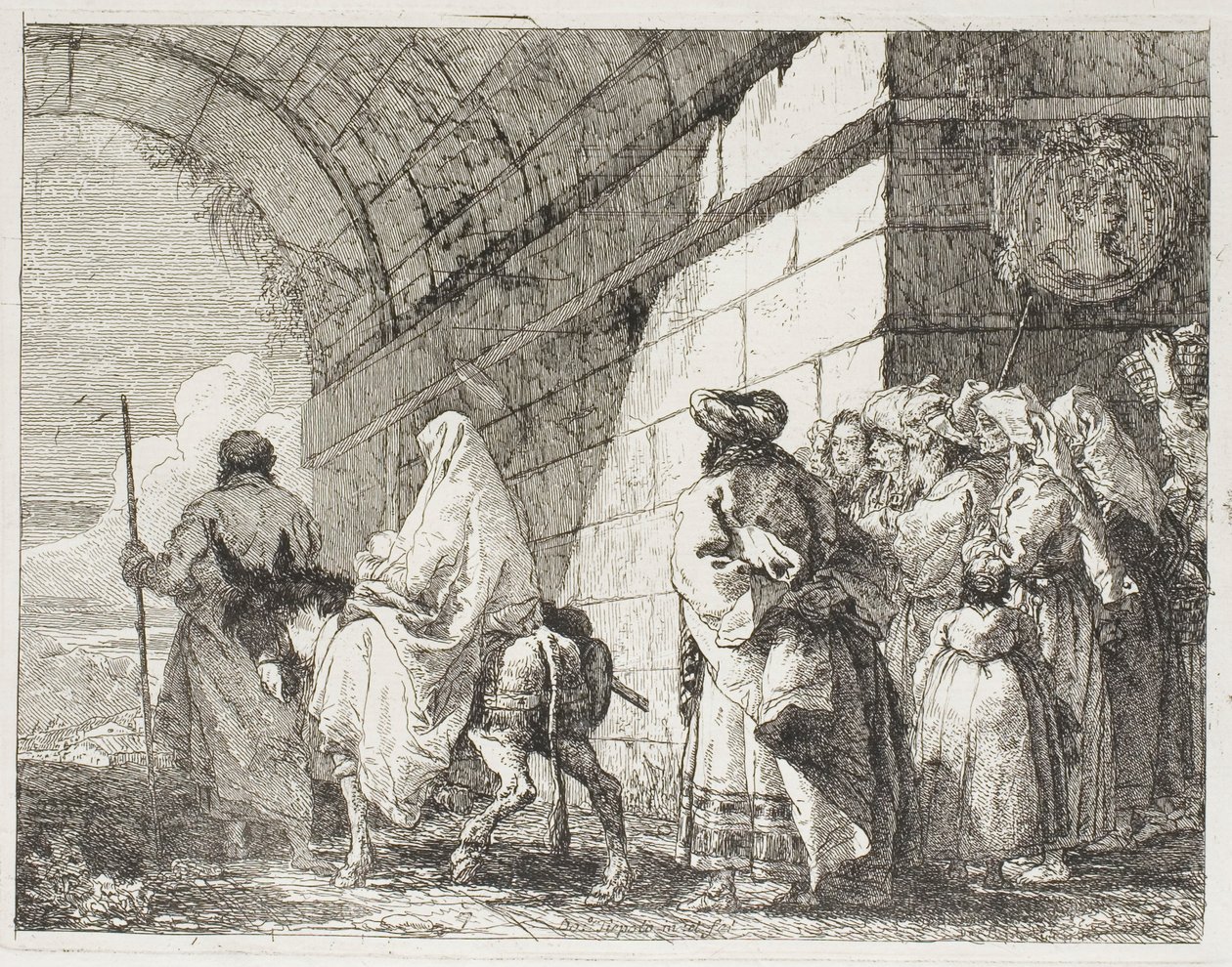 La Sainte Famille quittant par une porte de la ville, planche sept de La Fuite en Égypte - Giovanni Domenico Tiepolo