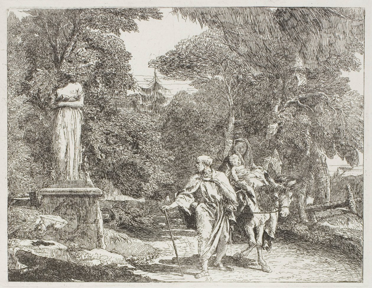 La Sainte Famille passant devant une statue, dont la tête tombe à terre, planche 22 de La Fuite en Égypte - Giovanni Domenico Tiepolo