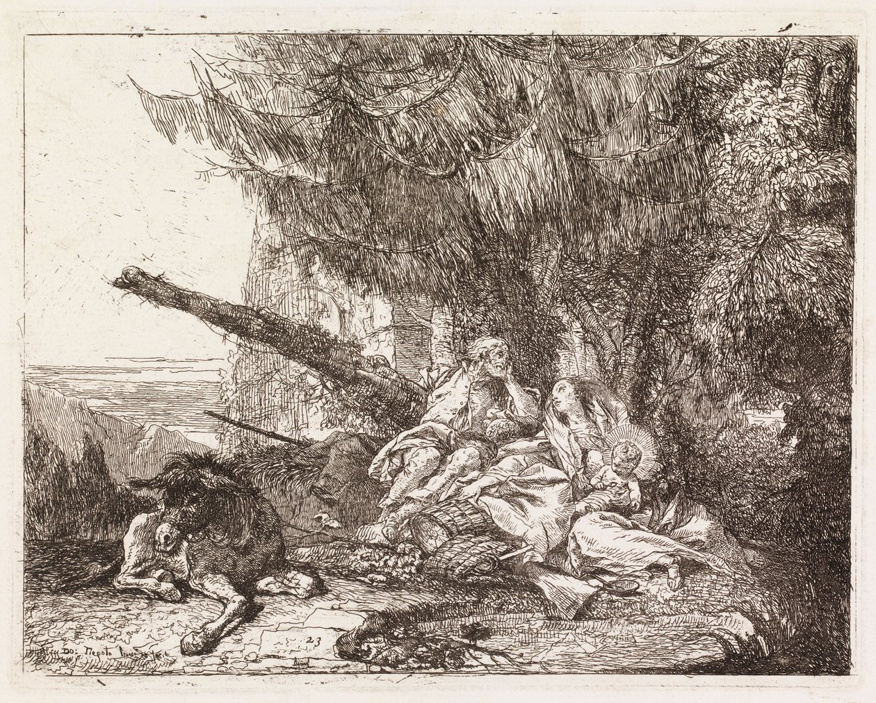 La Sainte Famille se reposant sous un sapin (La Fuite en Égypte XXIII) - Giovanni Domenico Tiepolo
