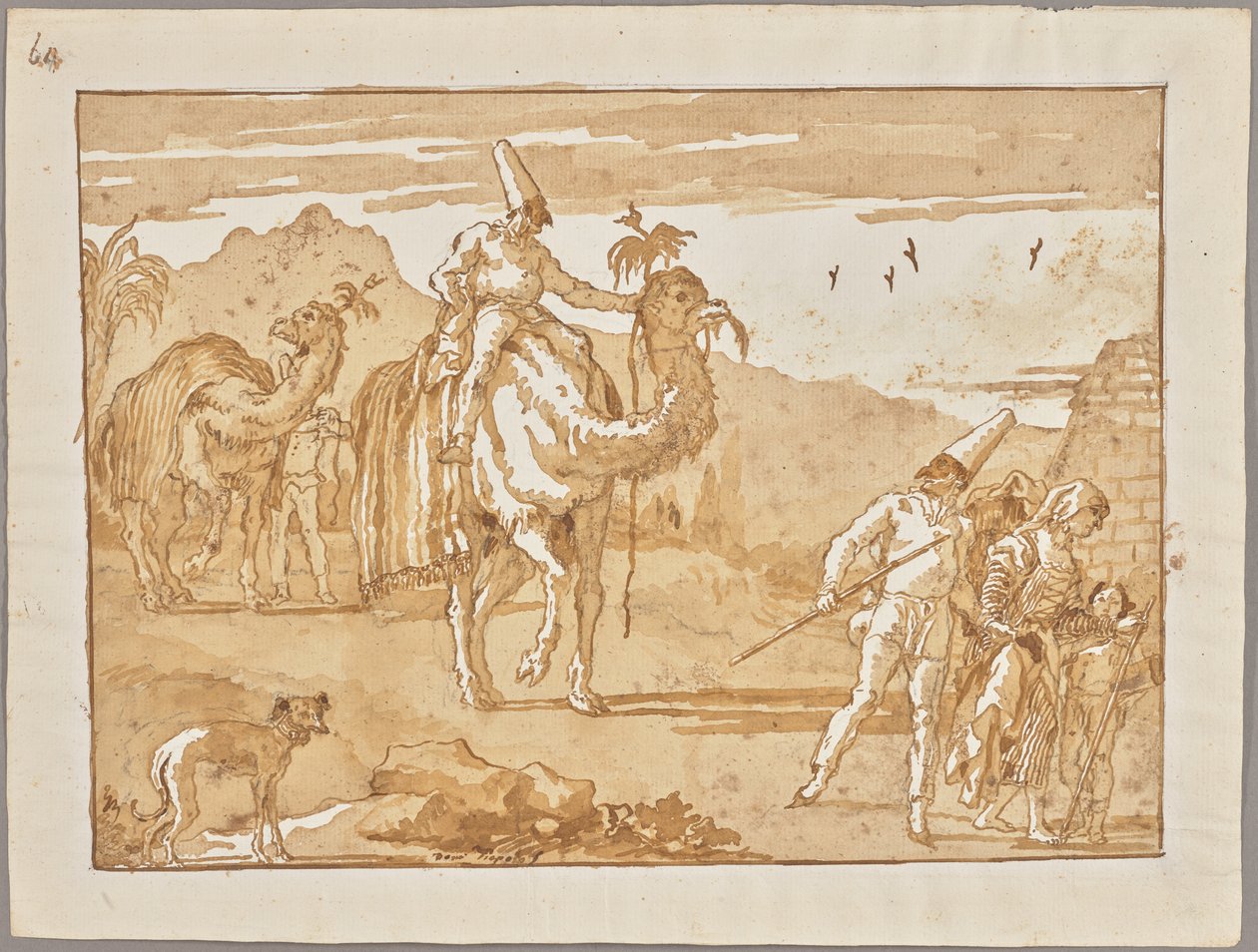 Der Punchinello reitet auf einem Kamel an der Spitze einer Karawane - Giovanni Domenico Tiepolo