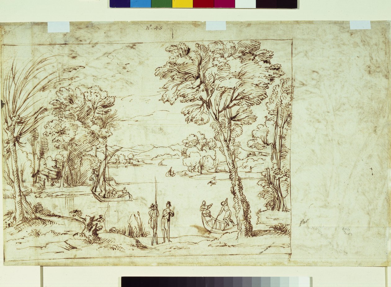 Paysage avec des figures sur une rive - Giovanni Francesco Grimaldi