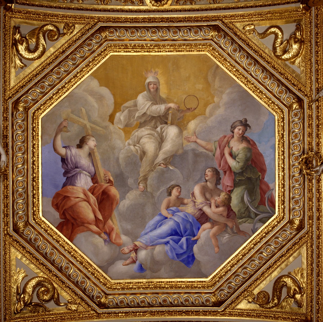 Religion et vertus théologales (Foi, Charité, Espérance). Peinture de Giovanni Romanelli (1601-1662) décorant le plafond de la Salle Antonine, chambre des appartements d