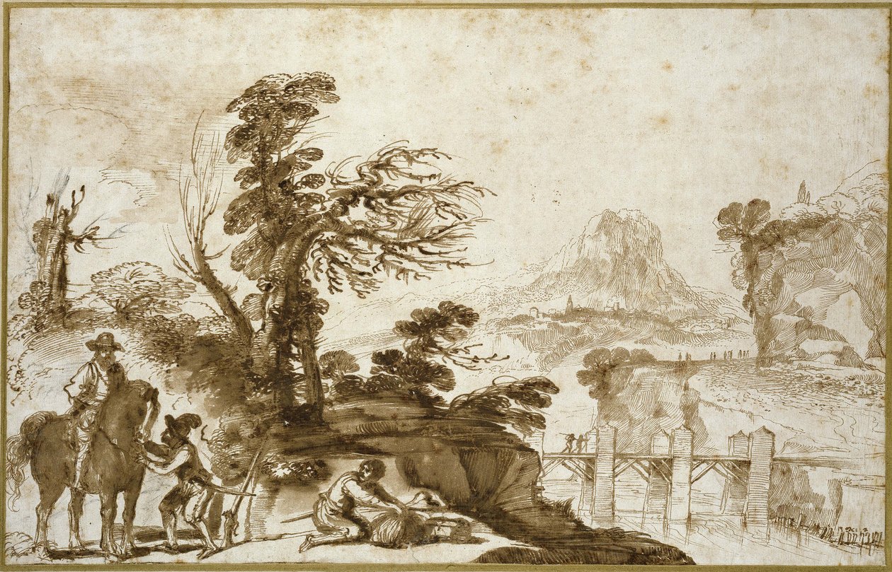Paysage avec un cavalier et un pont - Giovanni Francesco Barbieri