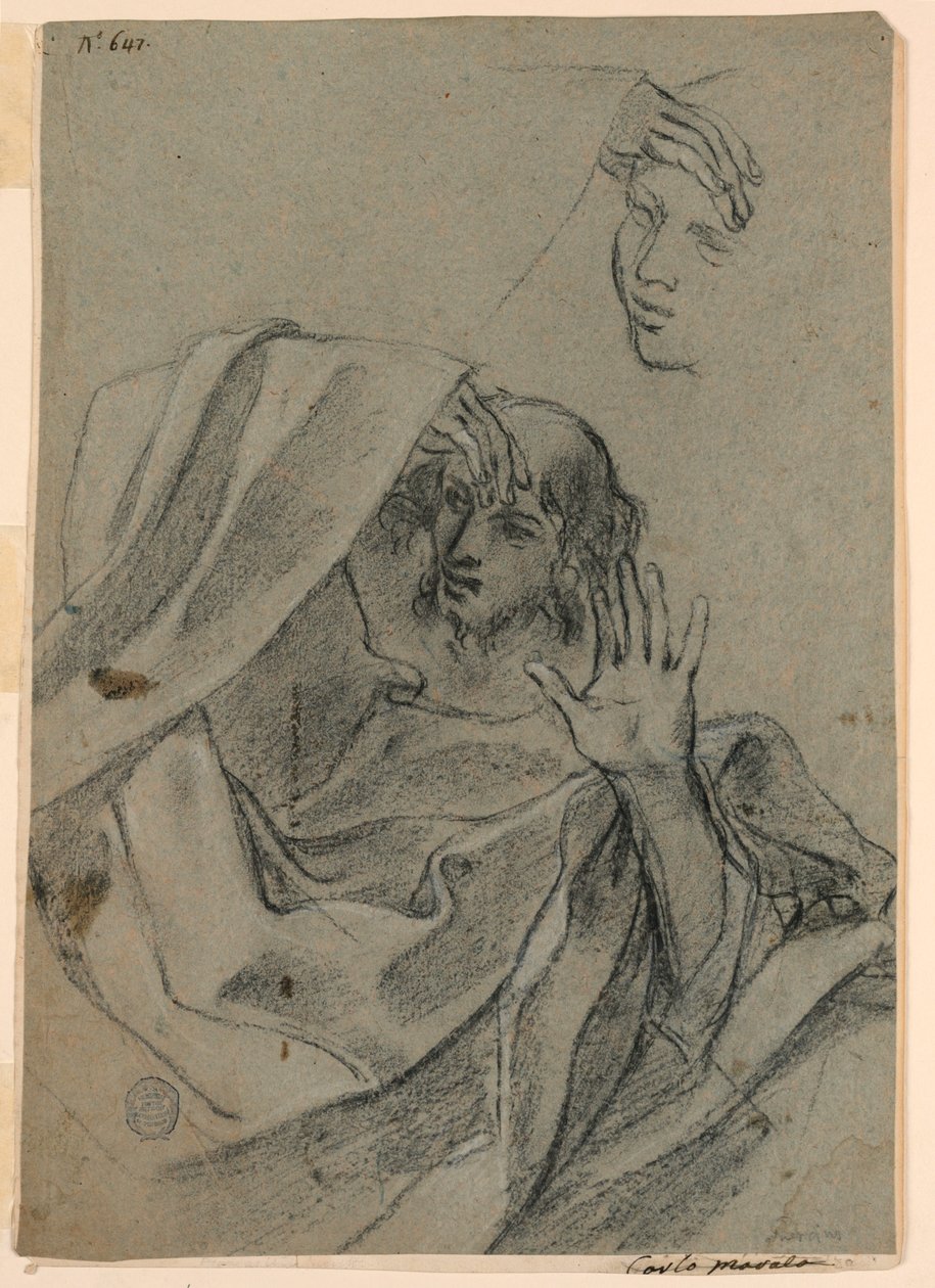 Études de dessin avec visage de femme et homme allongé, et main droite avec avant-bras - Giovanni Francesco Barbieri