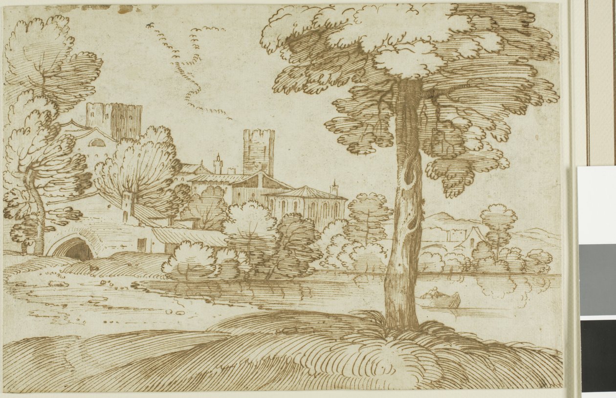 Paysage avec un grand arbre à droite et une vue lointaine d
