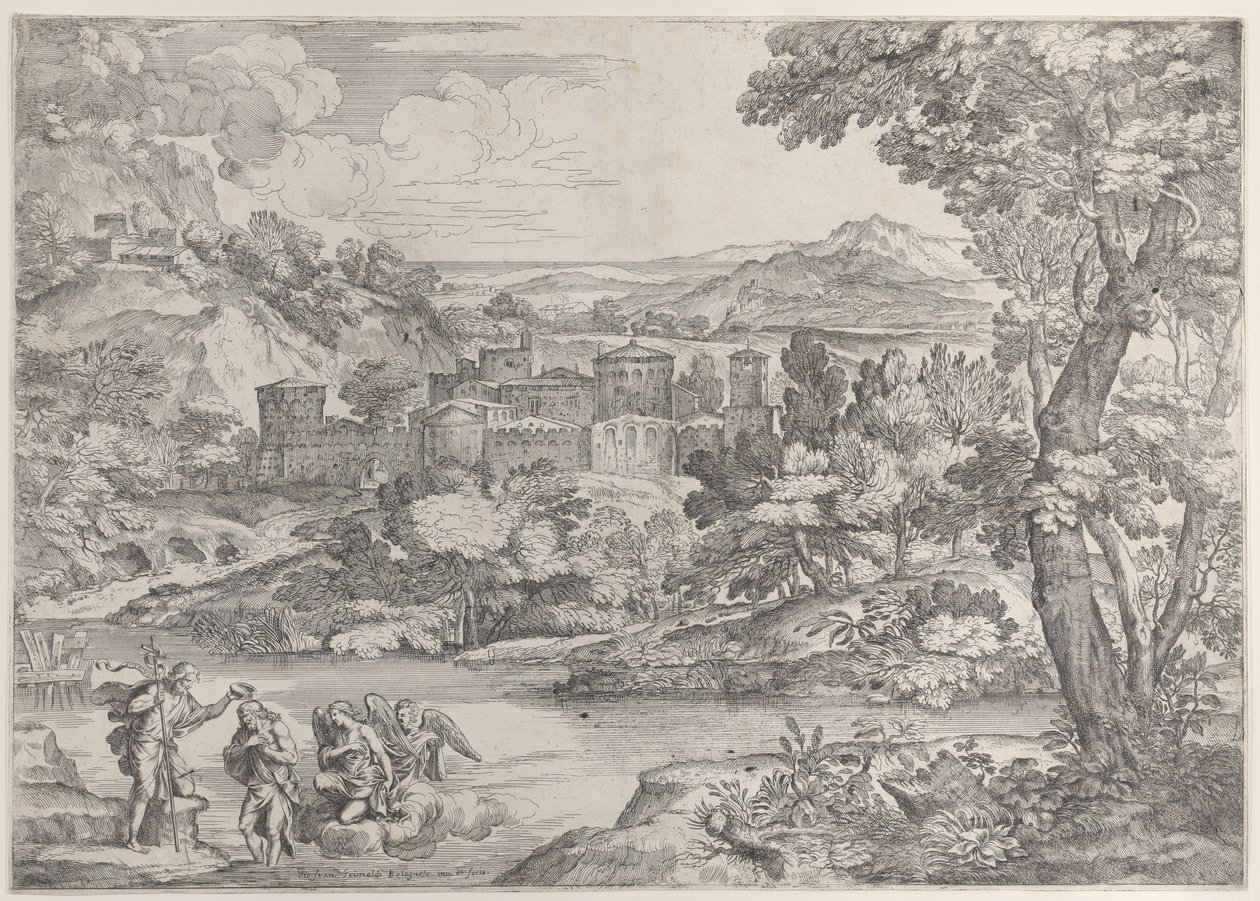 Le baptême du Christ en bas à gauche, dans un paysage - Giovanni Francesco Grimaldi