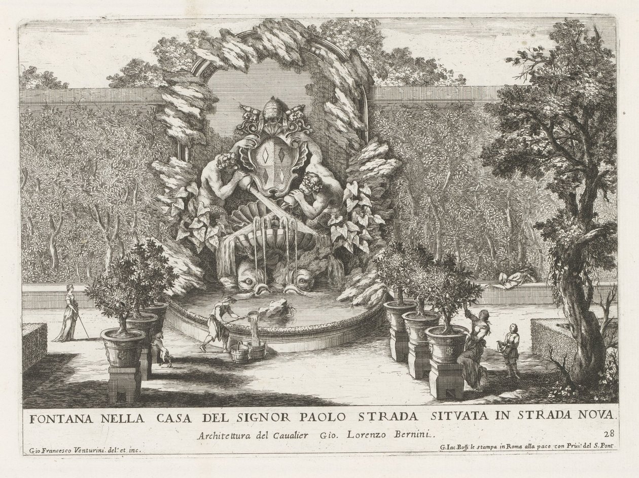 Fontaine avec un blason papal, deux tritons et des dauphins (série des fontaines dans les palais et jardins de Rome) - Giovanni Francesco Venturini