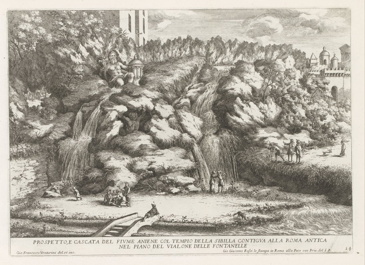 Paysage avec cascade et Temple de la Sibylle Tiburtine à Tivoli - Giovanni Francesco Venturini