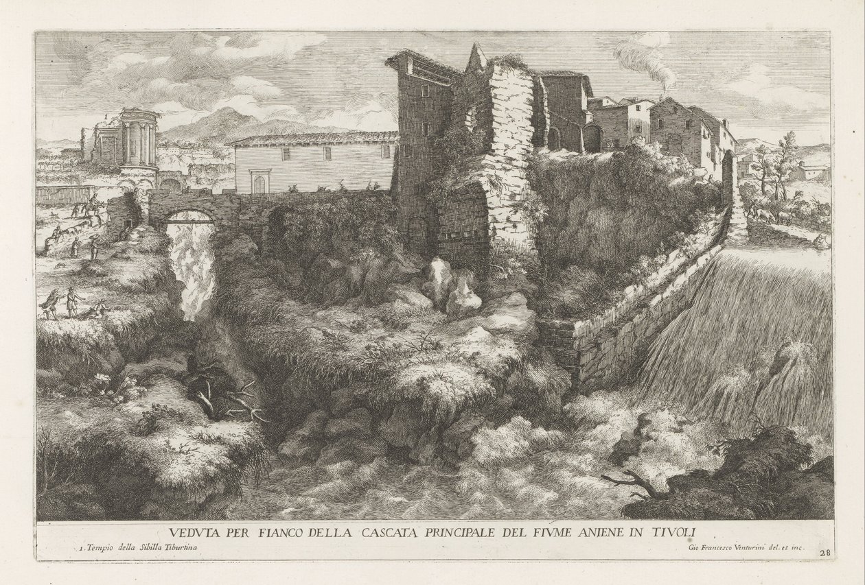 Paysage avec cascade et temple de la Sibylle Tiburtine à Tivoli - Giovanni Francesco Venturini