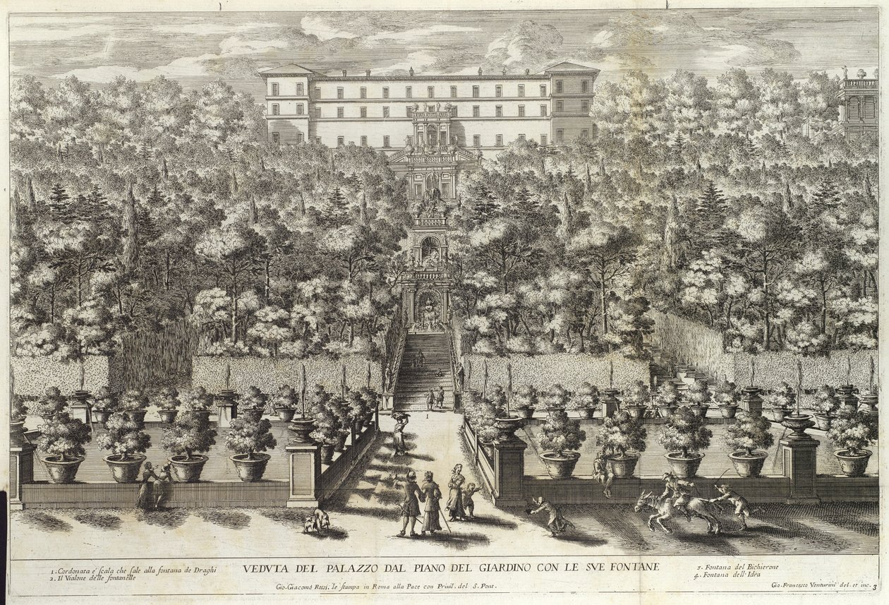 Veduta del Palazzo dal Piano del Giardino con le sue Fontane, de La Fontane, pub. c 1691 - Giovanni Francesco Venturini
