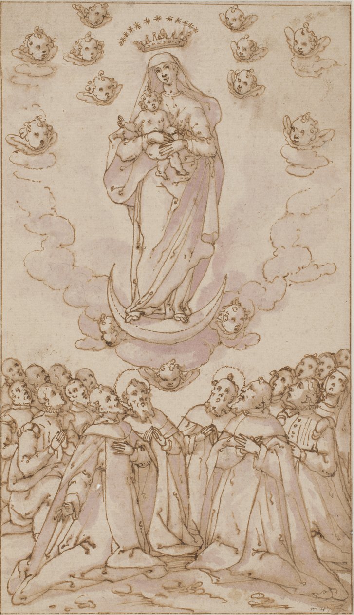 Madone et Enfant sur un croissant de lune apparaissant à un groupe de saints, prêtres et laïcs - Giovanni Guerra